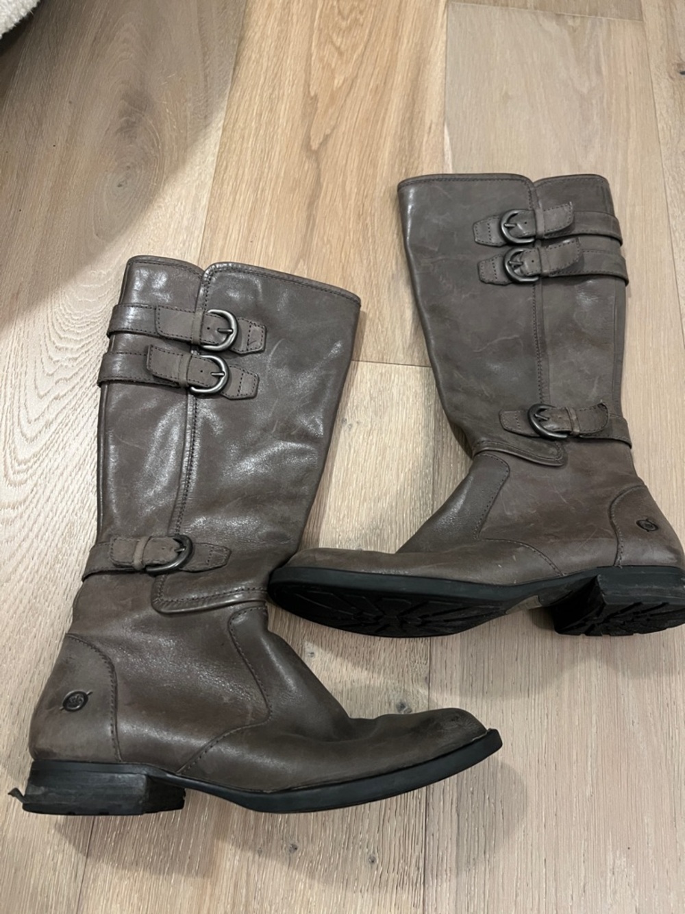 Dark Grey Women's Buckle Mid-Calf Leather Boots